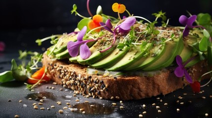 Poster - Vegan open sandwich with dietary crispbread, fresh cucumber, onion, sesame seed, microgreens and avocado. Healthy vegetarian food, diet.