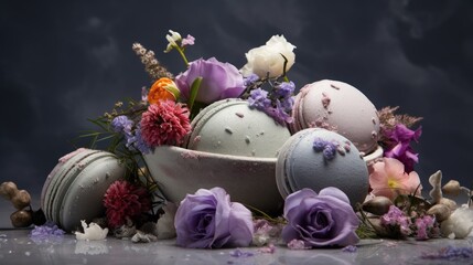 Poster - Composition with bath bombs, sea salt, dry flowers on grey background