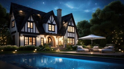 Poster - 3d rendering of cute cozy white and black modern Tudor style house with parking and pool for sale or rent with beautiful landscaping. Fairy roofs. Clear summer night with many stars on the sky.