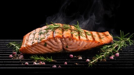 Aufkleber - BBQ grilled Salmon Fish Steak on a grill with thyme and pink salt. Isolated on white background