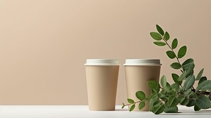 Banner with eco-friendly coffee to go cups - kraft paper cup with green leaves above on light grey background with copyspace. Recycled kraft paper packaging and zero waste concept, mockup image