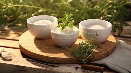 Leinwandbilder - Healthcare alternatives, herbal extracts powder in white cups and fresh herbs in mashed cups on wooden saucer.