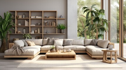 Sticker - Modern interior of open space with design modular sofa, furniture, wooden coffee tables, plaid, pillows, tropical plants and elegant personal accessories in stylish home decor. Neutral living room.