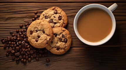 Poster - Cup of coffee with chocolate chip cookies on wooden table, top view