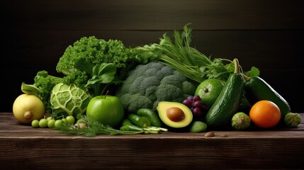Poster - Organic green vegetables and fruits on dark wooden background.Healthy food.