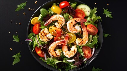 Poster - Healthy salad plate. Fresh seafood recipe. Grilled shrimps and fresh vegetable salad and egg. Grilled prawns. Healthy food. Flat lay. Top view