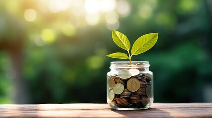 Poster - green plant growing on golden coin in glass jar on wood table in park with blur nature background. business financial banking saving concept. investment profit income. marketing startup success.