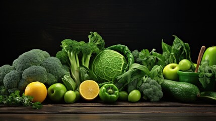Poster - Organic green vegetables and fruits on dark wooden background.Healthy food.