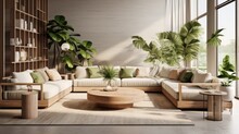 Modern Interior Of Open Space With Design Modular Sofa, Furniture, Wooden Coffee Tables, Plaid, Pillows, Tropical Plants And Elegant Personal Accessories In Stylish Home Decor. Neutral Living Room.