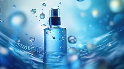 Poster - Blue Serum cosmetics bubbles against a blurred background. Design of collagen bubbles. Essentials of Moisturizing and Serum Concept. Concept of vitamins for beauty and health.