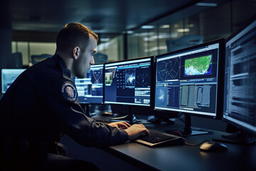 Side view of Policeman entering personal data of suspect into computer database while sitting in front of monitors in office