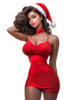 Beautiful African American girl wearing tight red neckline dress and Santa's hat, ready for hot Christmas party. Isolated on transparent background