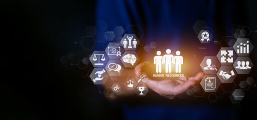 Wall Mural - businessman hold circle of network structure hr - human resources concept background with copy space