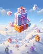 A whimsical winter wonderland captured in a cartoon screenshot, as a group of presents dances among the snowy clouds in the sky, spreading joy and magic for christmas