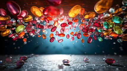 Wall Mural - 3d rendering of multicolor capsules and pills falling on black background. Generative AI technology.