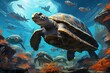 Ancient sea turtles, carrying entire ecosystems on their colossal shells - Generative AI