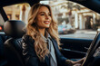 Happy beauty woman driving a car. Created by generative AI technology