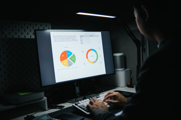Aufkleber - Asian young businessman using a laptop during a late night in a modern office.