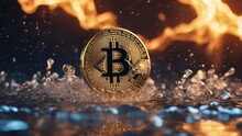 Golden Bitcoin Coin In Fire Flame, Water Splashes And Lightning. Bitcoin Gold Blockchain