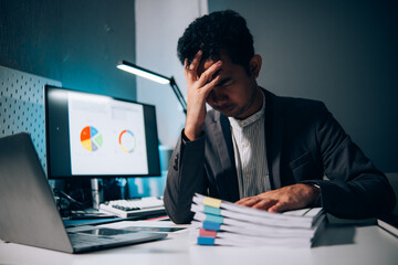 Poster - Stressed, tired business man suffering from headache, working late night in the office. Worried male entrepreneur thinking about problems and project deadline feeling burnout, stress and exhausted