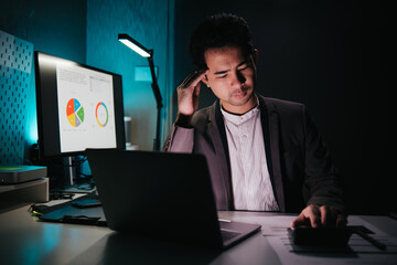 Poster - Stressed, tired business man suffering from headache, working late night in the office. Worried male entrepreneur thinking about problems and project deadline feeling burnout, stress and exhausted
