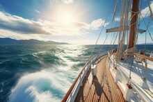 Scenic Ship Deck View Sailing On Wave-filled Sea Under A Sunny Sky. Generative AI