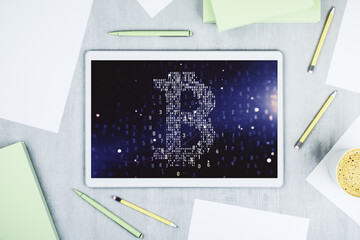 Aufkleber - Creative Bitcoin concept on modern digital tablet screen. Top view. 3D Rendering