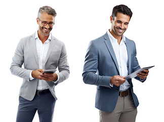 Portrait of smiling Business man holding digital tablet for research online isolated on transparent background.