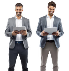 Portrait of smiling Business man holding digital tablet for research online isolated on transparent background.