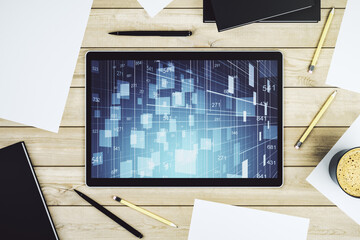 Poster - Modern digital tablet monitor with abstract statistics data hologram interface, computing and analytics concept. Top view. 3D Rendering
