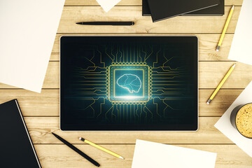 Poster - Creative artificial Intelligence concept with human brain sketch on modern digital tablet display. Top view. 3D Rendering