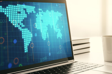 Poster - Modern computer display with abstract graphic world map, big data and networking concept. 3D Rendering