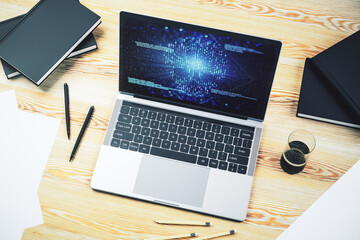 Poster - Creative concept of code skull illustration on modern laptop screen. Hacking and phishing concept. 3D Rendering