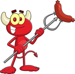 Wall Mural - Cute Little Red Devil Cartoon Character With Grilled Sausages In Pitchfork. Vector Hand Drawn Illustration Isolated On Transparent Background