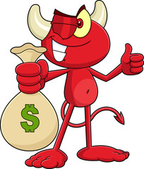 Wall Mural - Winking Little Red Devil Cartoon Character Holding A Money Bag and Giving The Thumbs Up. Vector Hand Drawn Illustration Isolated On Transparent Background