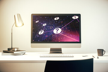 Aufkleber - Creative abstract question mark sketch on modern laptop monitor, FAQ and research concept. 3D Rendering