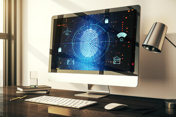 Aufkleber - Computer monitor with abstract fingerprint scan interface, digital access concept. 3D Rendering