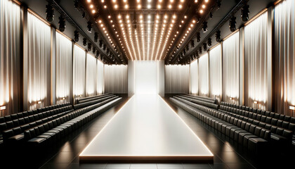 Sticker - Empty fashion catwalk with white curtains and seats. Generative AI