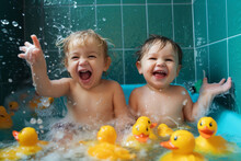 Two Children In A Bathtub With Several Rubber Duckies In A Bright Blue-green Tiled Bathroom.