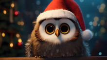 Christmas Owl On The Background Of The Christmas Tree. 3d Illustration. Owl In Santa Claus Hat On The Background Of A Christmas Tree.
