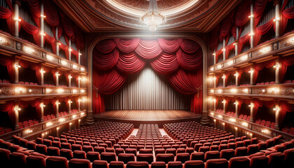 Poster - Theater stage with red curtains and spotlights. Generative AI