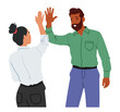 Man And Woman High-five, Smiles Lighting Up Their Faces, Radiating Shared Success And Camaraderie, Vector Illustration