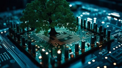 Tree growing on the converging point of computer circuit board