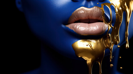 Wall Mural - Close up of beautiful female lips with golden paint dripping from her lips.