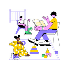 Poster - nanny isolated cartoon vector illustrations. professional nanny playing with small kids indoor, self