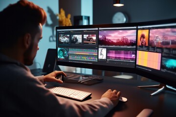 Poster - Artistic process enhanced: Close-up of creator using AI for content development
