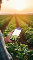 Poster - Close-up of farmer holding smartphone: AI-driven app monitors crop health, modernizing agriculture