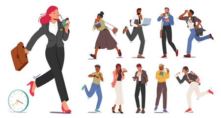 Modern Hustle Of Life. People Eating On The Go, Characters Juggling Meals Amidst The Chaos, Vector Illustration, Set