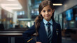 A little girl pretends to be an airplane pilot. The concept of children in adulthood.