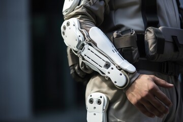 Poster - Advanced mobility via AI: Person in robotic exoskeleton suit marks healthcare progress